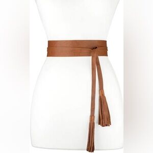 RAINA BRONCO LEATHER WRAP BELT WITH TASSELS COGNAC OS NWOT